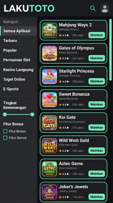 Tampilan katalog aplikasi lakutoto